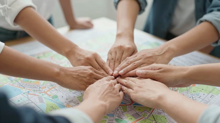 A warm photo of several hands coming together over a map or project plan, symbolizing strategic planning and community development. Tones of #3D5B5F.