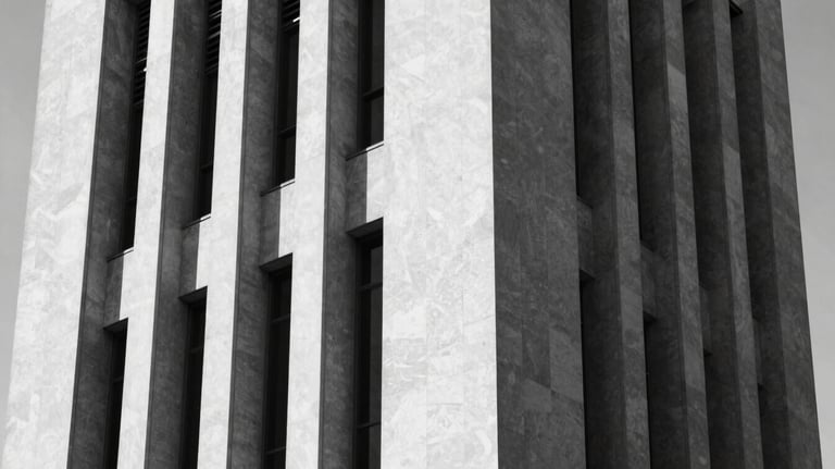A high-contrast black and white photo of architectural lines of a modern church, emphasizing integrity and structure. Elements of #1A1A1A and #F8F4F0.