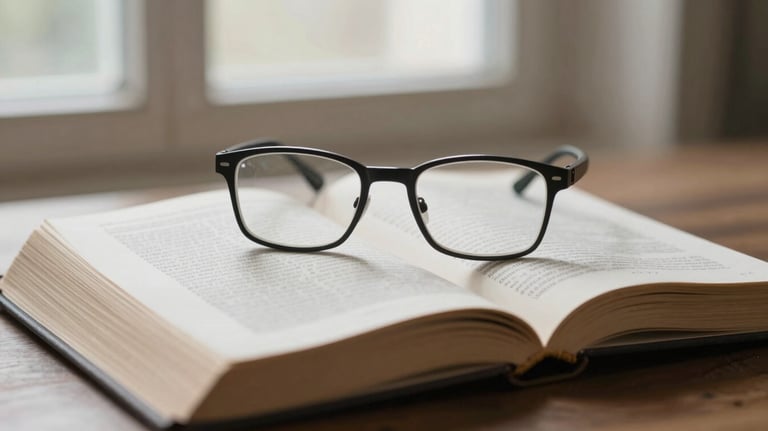 A symbolic image representing education: a pair of reading glasses on an open theological book, lit by a soft window light. Clean, sophisticated composition with palette #F8F4F0.