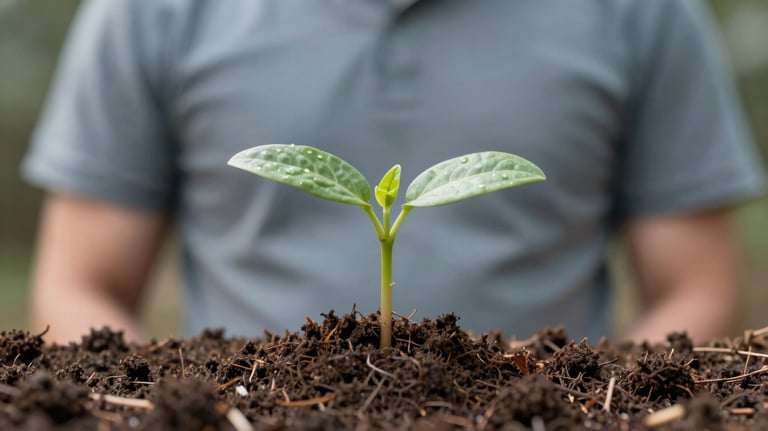 A close-up of a sprout growing from rich soil, representing growth and sustainable impact. The lighting is bright and optimistic, featuring #A2B2AE and #1A1A1A.
