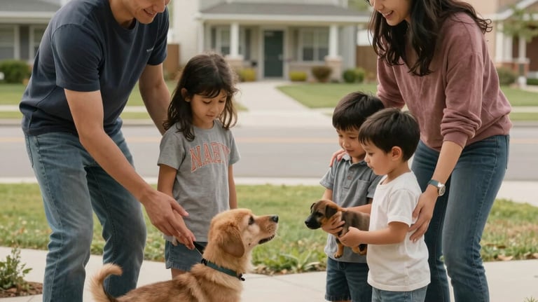 A happy family in a North American suburb welcoming a new puppy into their home, captured in a candid, joyful moment.