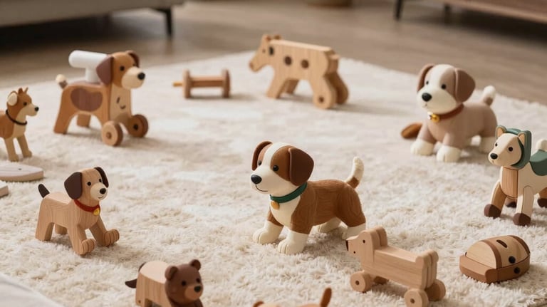 A puppy play area with high-quality wooden toys and soft blankets inside a luxury home, showing a safe and stimulating environment.