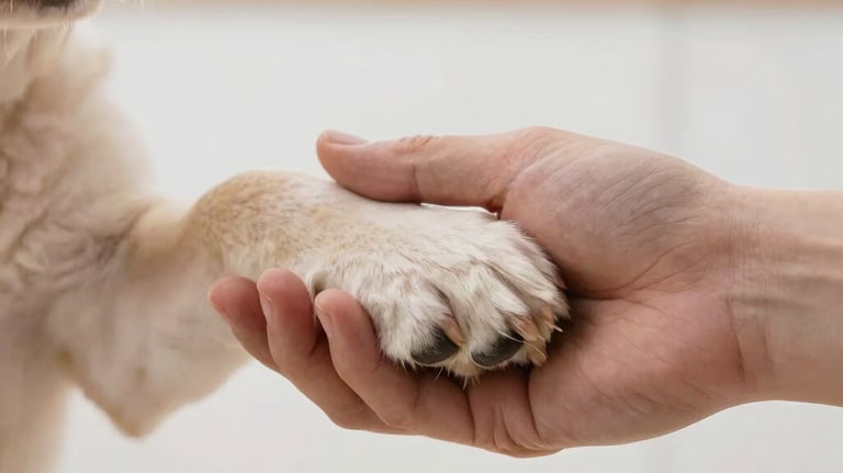 A detail shot of a breeder's hand gently holding a puppy's paw, symbolizing trust and care, set in a bright, clean indoor environment.