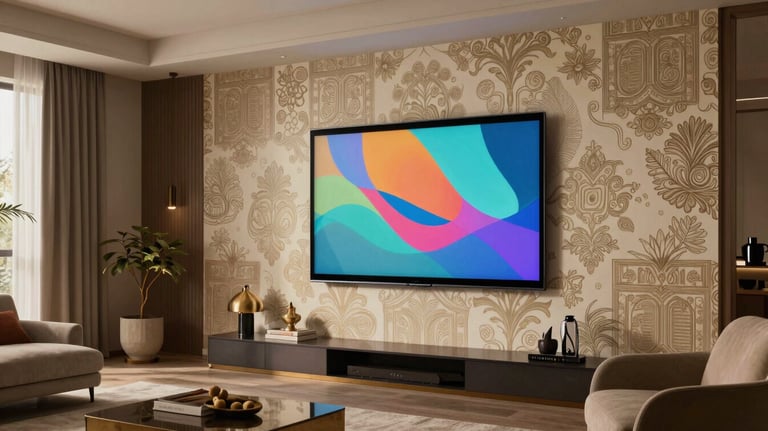 A 3D visualization of a luxury South Asian / Indian living room with intricate digital wallpaper being projected onto the walls via a high-tech tablet.