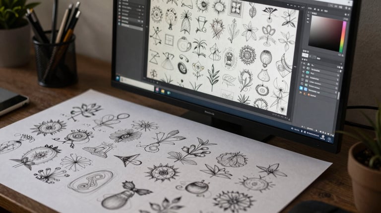 A workspace showing professional digital wallpaper designs and surface patterns, blending artistic sketches with high-end graphic software on a large display.