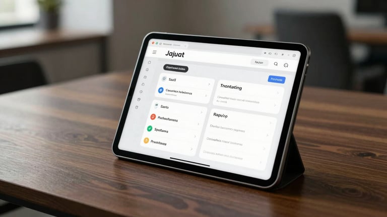 A clean, minimal software interface shown on a tablet, featuring SaaS tools for business productivity, set on a dark wood table in a modern Jaipur office.