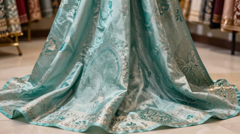 Close-up of high-quality silk fabric with intricate South Asian / Indian patterns, displayed in a sophisticated boutique setting with muted teal and pale mint accents.