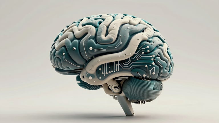 A futuristic representation of an AI brain interface, blending tech circuits with organic artistic lines in dark teal and off-white, sleek and authoritative.