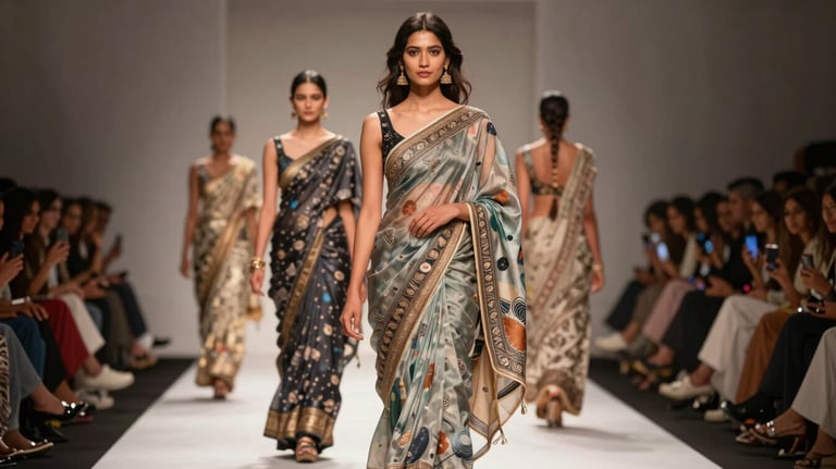 A sophisticated fashion runway preview in Jaipur, showing South Asian / Indian models in modern sarees with AI-generated patterns under professional studio lighting.