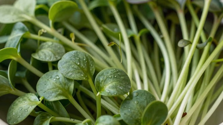 A close-up photograph of a variety of garden-fresh greens and microgreens in a cream ceramic bowl, highlighting texture and freshness.