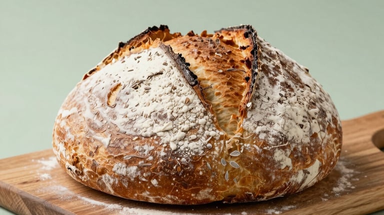A photograph of artisan sourdough loaves with dusted flour, sitting on a wooden cutting board with a soft sage green background, North American kitchen style.
