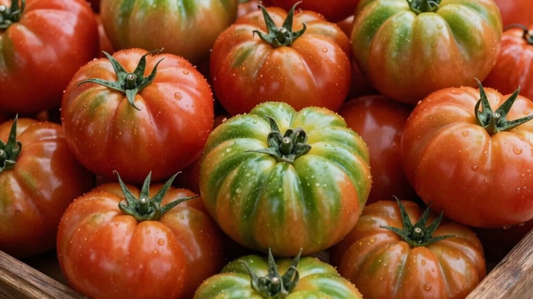 A vibrant photograph of freshly harvested heirloom tomatoes in shades of red and leaf green, displayed in a rustic wooden crate at a North American market.