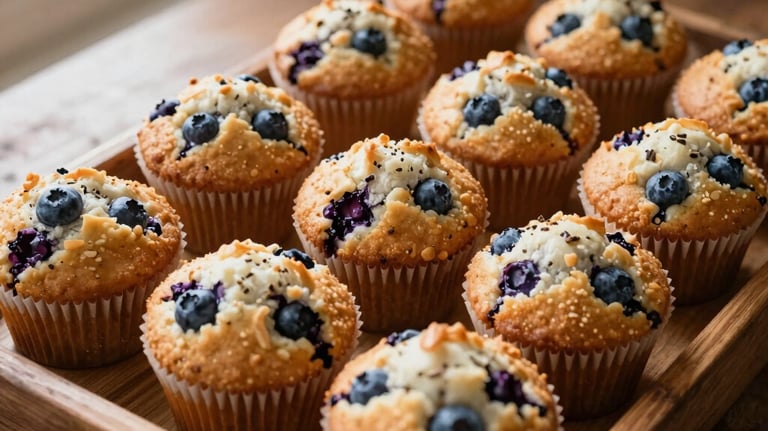 A photography shot of freshly baked blueberry muffins and pastries displayed on a rustic wooden tray, with a warm morning light in a North American setting.
