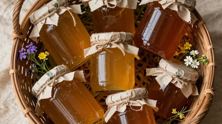 A top-down photographic shot of a rustic basket filled with amber-colored jars of local honey and wildflowers, set on a cream colored linen cloth in a North American setting.