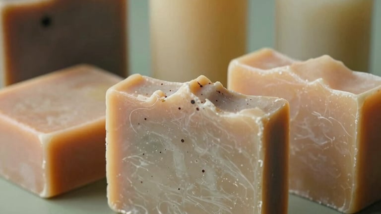 A close-up of handcrafted artisan soaps and lotions with natural textures, arranged elegantly on a sage green surface, reflecting rustic charm.