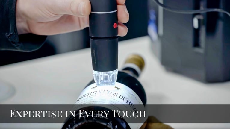 Professional warehouse specialist carefully handling premium whisky bottles with white gloves