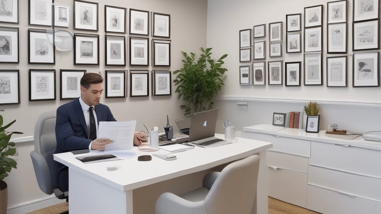 A professional consultation setting with a medical professional sitting at a desk facing a client. The room has a modern aesthetic with white walls decorated with framed certificates. The desk is organized with office supplies, a laptop, and a fruit bowl in the center.