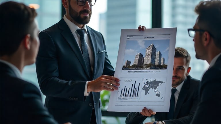 a man in a suit and tie is holding a poster board