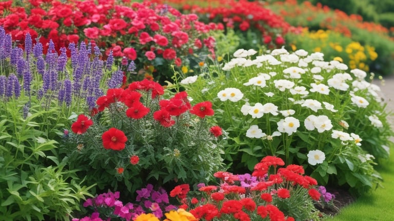 A well-maintained garden features a lush, green lawn adjacent to a building with a red corrugated iron roof and white walls. The building has a porch area furnished with chairs and tables. In the background, another larger building with a white facade and arched doorways is visible. The garden includes various potted plants and a few scattered decorative items.