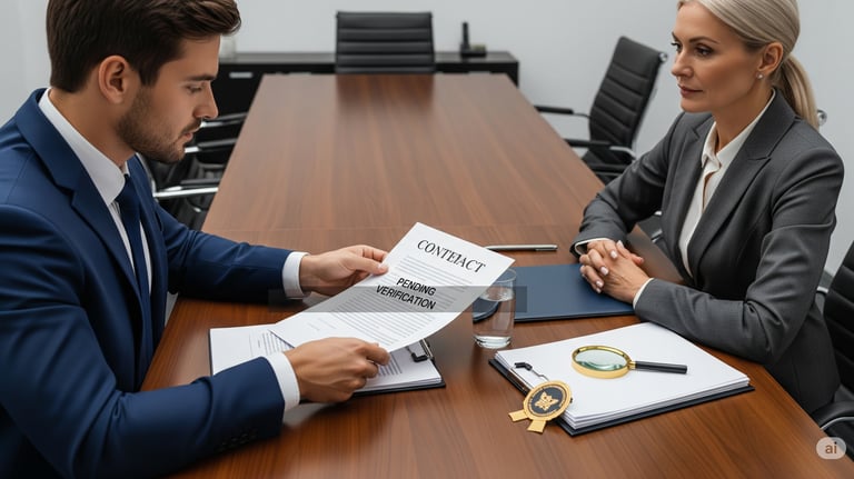 men holding a background verificationdocument and one women seating in front of men
