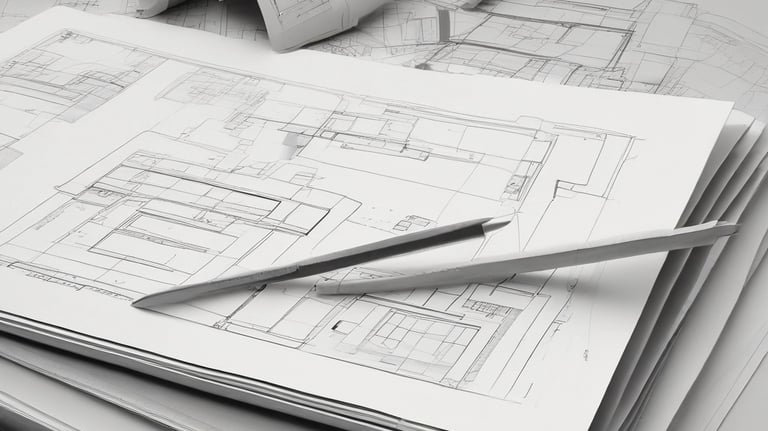 An architectural sketch appears on a desk, featuring a colored floorplan with measurements. Various tools and drawing supplies, including pens, a ruler, and an eraser, surround the plan. The drawing includes notes and uses vivid colors to highlight different sections.