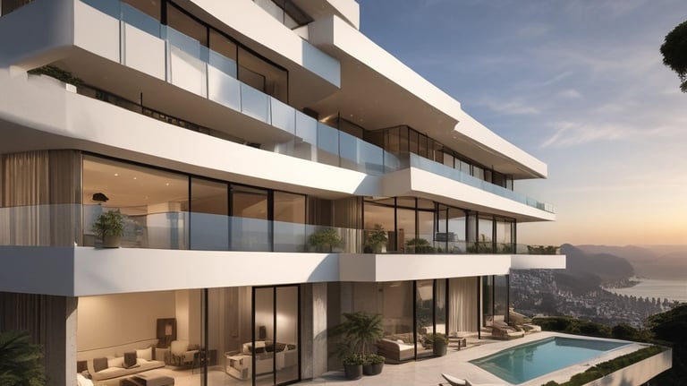 A luxurious residential area featuring a villa with a tile roof surrounded by palm trees and lush landscaping. In the background, a tranquil lake reflects the clear blue sky, and mountains rise up in the distance, creating a serene and picturesque setting.