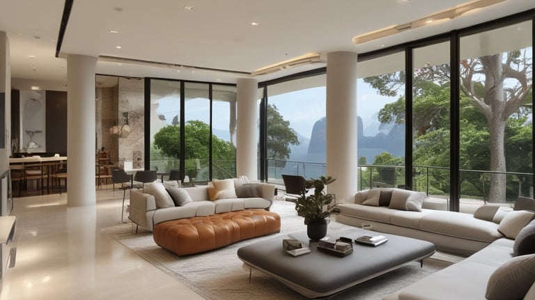 A luxurious multi-story residential building with a waterfront location, surrounded by palm trees and clear blue water. The architecture is elegant with arched windows and a light color palette.