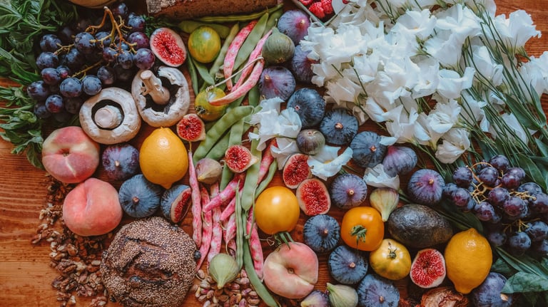 a bunch of colorful fruits and vegetables on a table