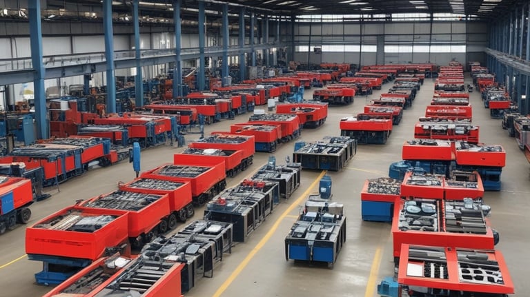 A blue car is parked inside a mechanic's workshop. The car is raised on a jack with its front wheel removed, indicating ongoing repair or maintenance work. Various tools and equipment are visible around the car, including a red hydraulic jack in the foreground and several mechanics' tools hanging from the ceiling. The workshop is partially open, with sunlight casting shadows on the concrete floor and blue corrugated metal walls.