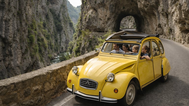 A family in a classic yellow Citroen 2CV driving through a scenic mountain gorge road.