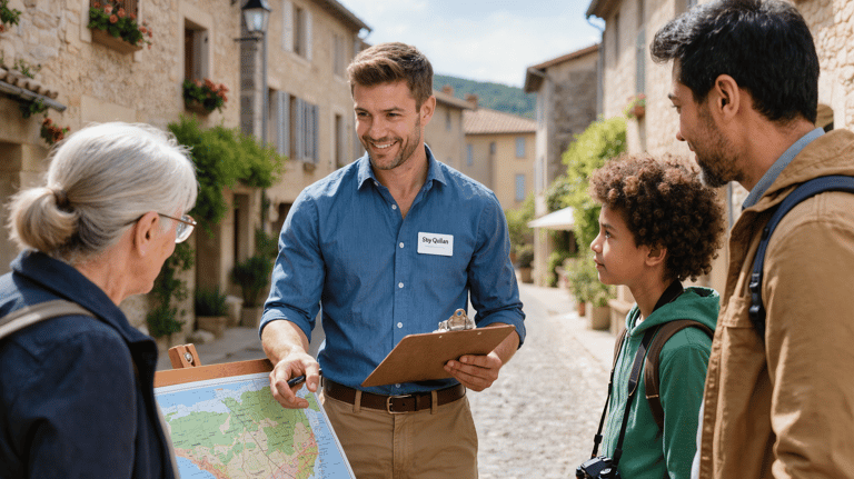 A smiling local tour guide with a map showing a family the historic streets of a European village.
