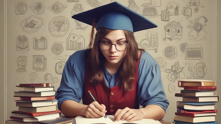 a woman in a graduation cap and gown sitting at a table with books and a
