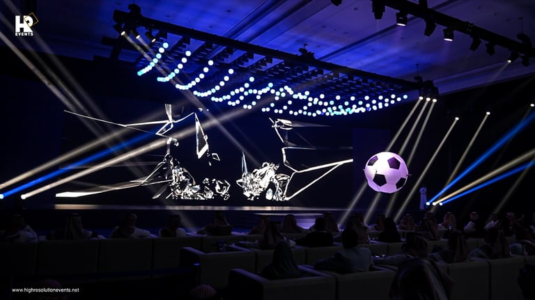 A visually stunning event space featuring a large custom LED backdrop displaying animated content 