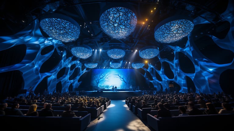 a large-scale event with vibrant 3D projection mapping on the walls, an engaged audience