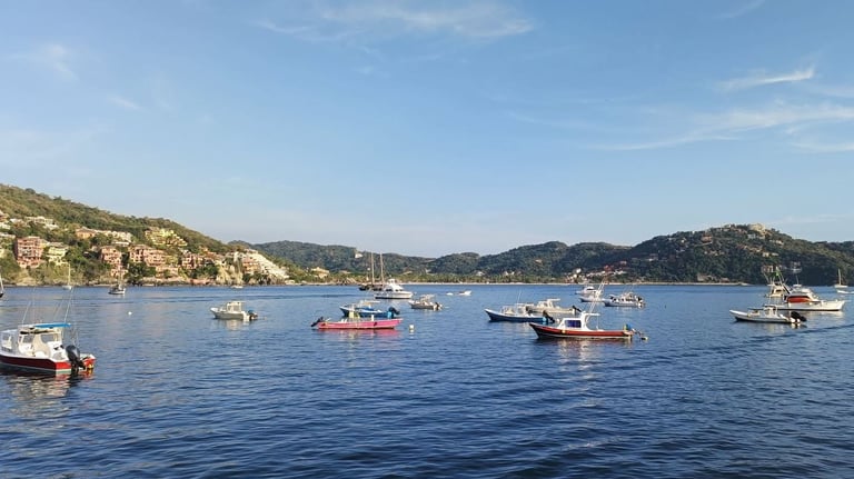 Zihuatanejo Bay seen from the water with little boats