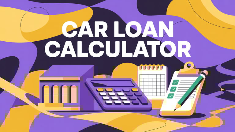 Car Loan Calculator written on top of a bank, a calculator, a calendar, and a clipboard