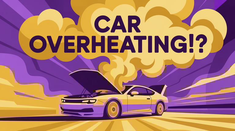 Car Overheating written over a cloud of smoke coming from a car's open hood