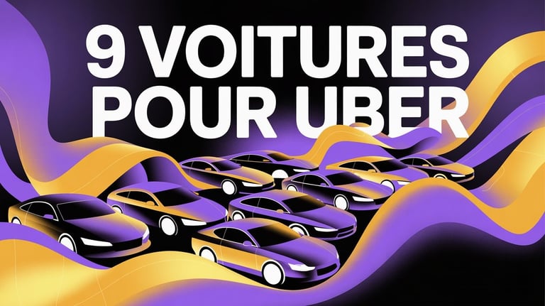 Illustration des 9 meilleures voitures pour Uber sur fond violet et jaune