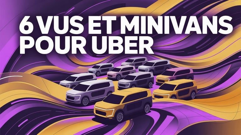 Illustration de 6 modèles de SUV et minivans pour Uber sur un fond abstrait violet.