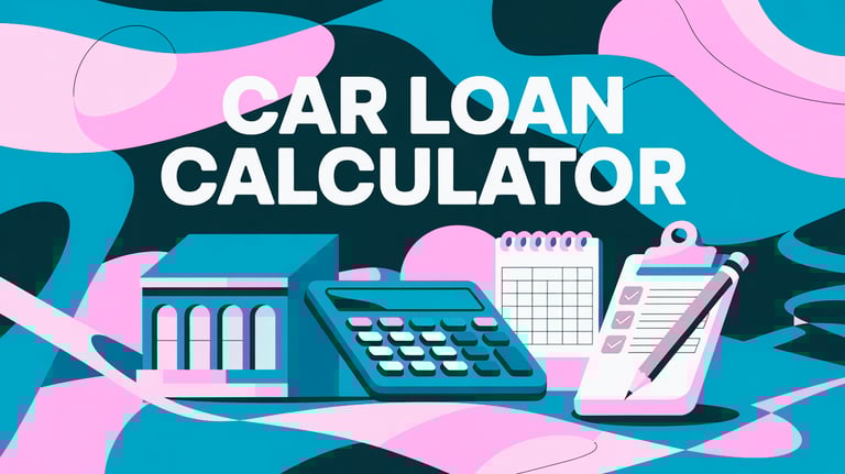 Car Loan Calculator written on top of a bank, a calculator, a calendar, and a clipboard