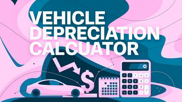 Vehicle Depreciation Calculator written on top of a Car a dollar sign and an arrow pointing down