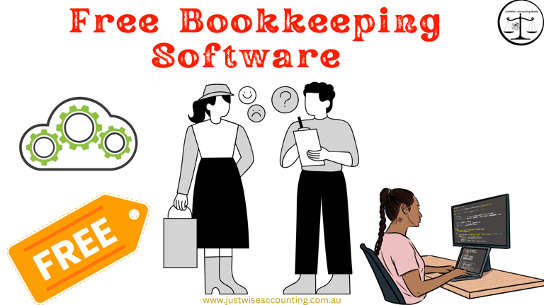 Free bookkeeping software advertisement featuring a woman with a briefcase, a man with a clipboard, 