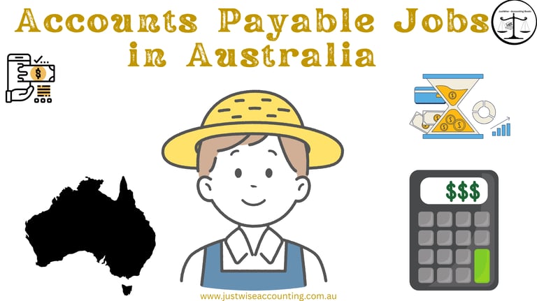 Accounts payable jobs in Australia. A cartoon man with a yellow hat and blue overalls stands next to