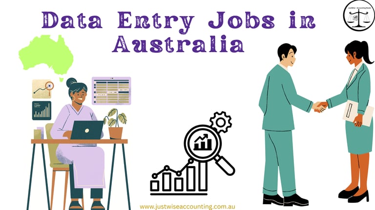Data entry jobs in Australia, featuring a woman working on a laptop and two professionals shaking ha