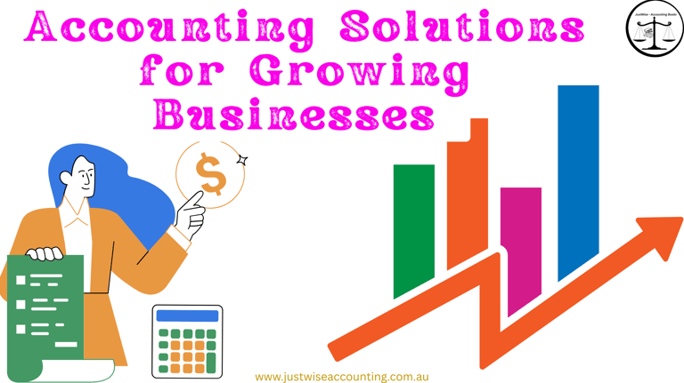 Accounting solutions for growing businesses, featuring a cartoon figure, calculator, and bar graph."