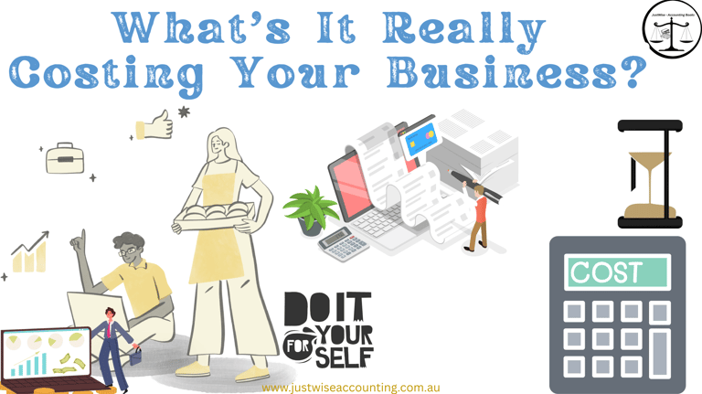 Business cost analysis graphic with calculator, people, and text "What's It Really Costing Your Busi