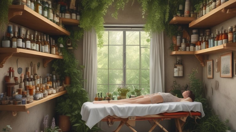 A holistic spa treatment room with an apothecary shelf, lush hanging plants, and a person on a massage table.