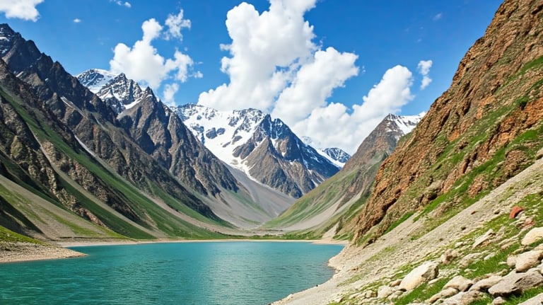 a mountain scene with a lake and mountains in the background