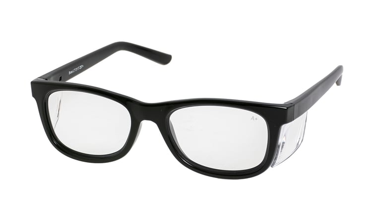 a pair of glasses with a clear lens on a white background