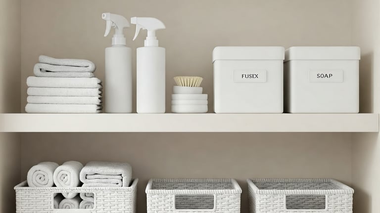 Estantería minimalista con tres  organizadores modernos , un par de productos de limpieza 